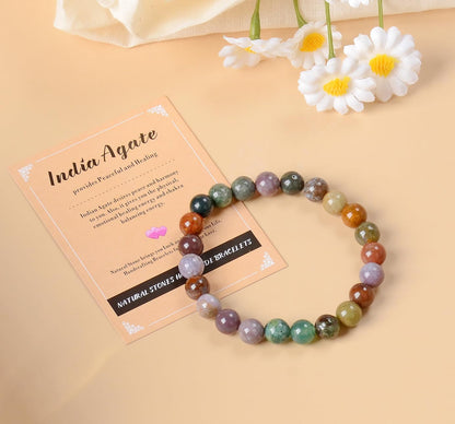 AD Beads Handmade Gemstone Stretch Elastic Bracelet Crystal Healing Reiki Nature's Beauty and Spiritual Essence Unisex (6mm, Indian Agate)