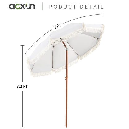 Aoxun 7ft Patio Umbrella with Fringe,Outdoor Beach Umbrella with Aluminum Pole, Ribs Push Button Tilt and Carry Bag, UV 50+ Picnic Tassel Umbrella (White)