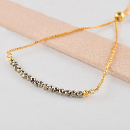 InfinityGemsArt Golden Pyrite Bracelets For Women Natural Birthstone Jewelry Micro Beads Beaded Stone Bolo Slider Crystals Gemstones, 14K Gold Plated Adjustable Chain, Gifts For Her