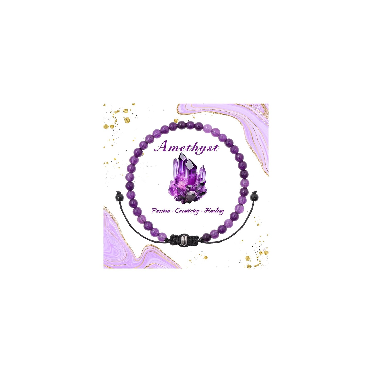 Pendlixy 4MM Beaded Bracelet Handmade Adjustable Natural Amethyst Stone Crystal Bracelet Amethyst Healing Inspirational Gifts for Women Men