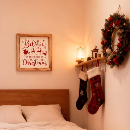 Christmas Wall Decor, Believe in the Magic of Christmas Quote Sign, Santa Sleigh Framed Wood Wall Accent for Cozy Living Room or Bedroom, MDF Holiday Hanging Plaque