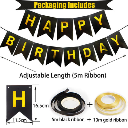 Happy Birthday Banner, Black Gold Birthday Decoration, 16 Pcs 12in Balloons with 2 Ribbons for Men Women Girls and Boys Party Decoration