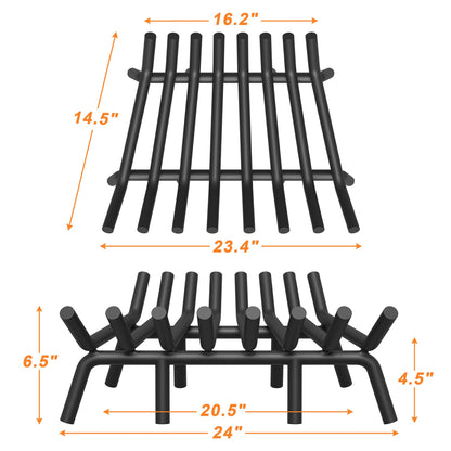 Jusgym Fireplace Grate 24 Inch with 8 Support Legs, Round Solid Steel Heavy Duty Fireplace Log Holder with Fire Tongs & Poker, Fireplace Log Grate for Indoor Fireplace and Outdoor In-ground Firepit