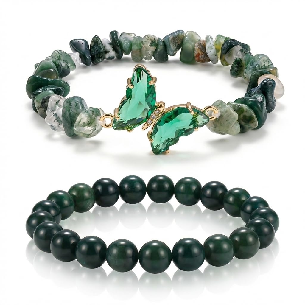 BELLA-Bee Natural Amethyst Healing Stone Bracelet Set for Women, Anxiety Relief Crystal Beaded Layered Bracelet with Butterfly Charm, Calming Spiritual Jewelry Gifts (Green)