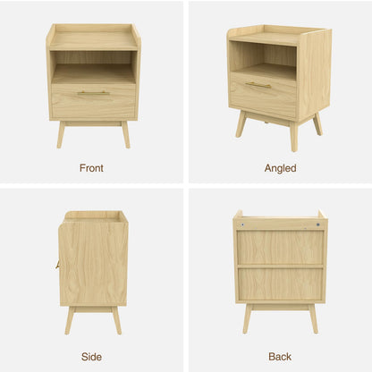Favoduerme Night Stand with Drawer & Open Storage Shelf, Small Wooden Nightstand with Raised Edge, Mid Century Modern Side Table with Solid Wood Feet, Metal Handle for Bedroom Natural
