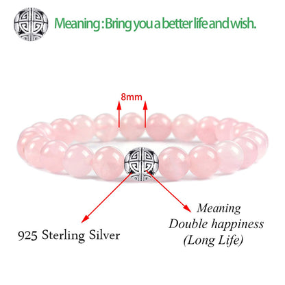 MetJakt Healing Crystals Beaded Bracelets for Womens Natural Gemstone 8mm Beads Stretch Bracelets with 925 Sterling Silver Double Happiness Pendant (Rose Quartz)