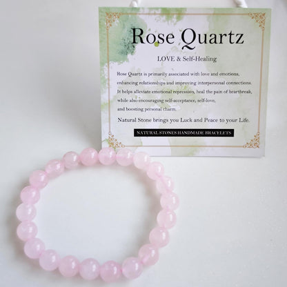 Handmade Natural Gemstone Elastic Bracelet - Healing Crystal Beads Jewelry, Unisex (Rose Quartz, 8mm)