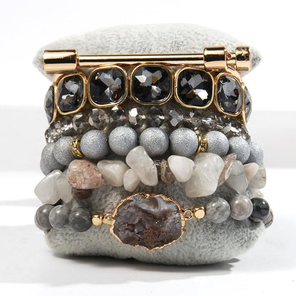 Yomisa Boho Beaded Bracelets/Bangle for Women,Multilayer Wrap 6PCS Healing Natural Jasper Stone Bead Bracelets Stackable Friendship Stretch Beaded Bracelet Set Trendy Bohemian Jewelry Gift,Silver Gold