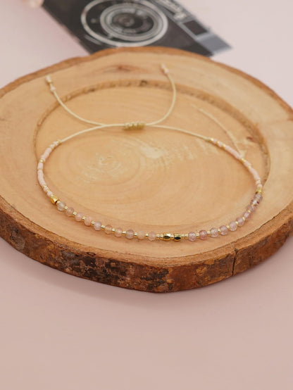Agriajun Handmade Pink Gemstone Beaded Strand Bracelets for Women Dainty Adjustable Charm Beige String Braided Boho Gold Seed Beads Friendship Bracelets Fashion Jewelry Gift