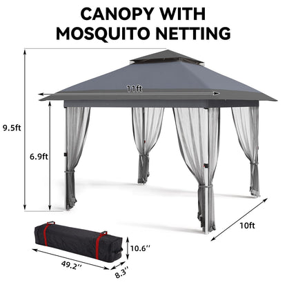 Garvee 11'x11' Gazebo Canopy Tent with Curtains, Pop Up Outdoor Shelter with Mosquito Netting for Patio, Backyard Party, 2-Tiered Vented Top, 121 Square Feet of Shade, Gray