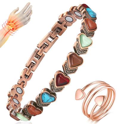 Vicmag Magnetic Copper Bracelets for Women with Natural Turquoise, 3800 Gauss Magnets Adjustable Pure Copper Bracelet & Ring