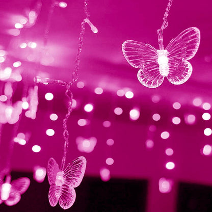 Lainin USB Powered String Light 13FT 96LED Curtain Light 16 Butterflies Strings 8 Mode Fairy Light Strip for Party Indoor Outdoor Room Garden Wall Wedding Christmas Xmas Decorations (Pink)