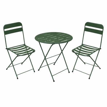 Alpine Corporation VTFAM168A-GN 3-Piece Green Metal Folding Bistro Set – 20" Round Patio Table with 2 Folding Chairs – Portable Indoor/Outdoor Balcony & Garden Furniture Set