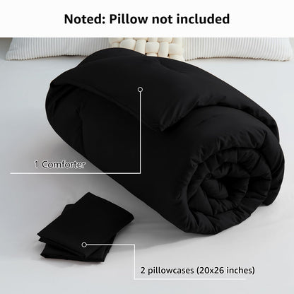 CozyLux Queen Comforter Set Black, 3 Pieces Solid Comforters Queen Size Breathable Quilted Bedding Sets, Luxury Soft Microfiber Down Alternative Comforter for All Season (1 Comforter & 2 Pillowcases)