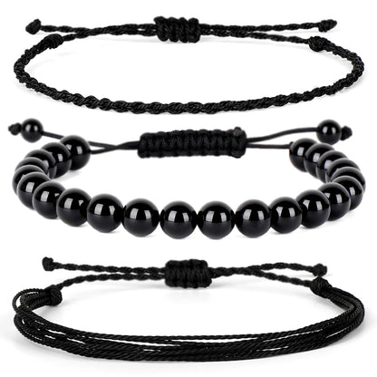 QOGIR Handmade Healing Bracelets,8mm Natural Black Onyx Gem Stone Beads Bracelet for Men Women Gifts with 2PCS Size Adjustable Rope Bracelets