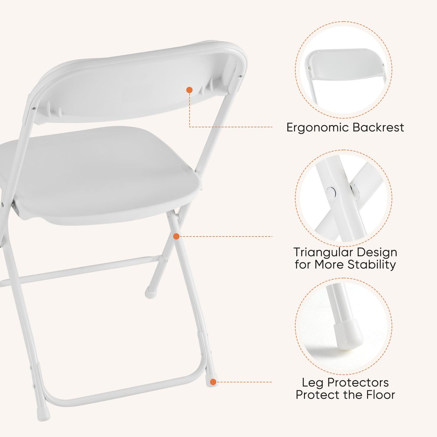 DUMOS Folding Chairs Sets of 6, 330lbs Capacity Plastic Stackable Home Office Chair, Portable Fold Up for Indoor Outdoor, Patio, Camping, Garden, Party (White)