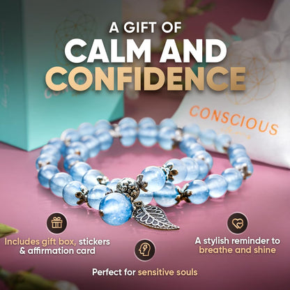 Conscious Items Elegant Calming Crystal Bracelet, Blue Chalcedony Bracelet for Confidence, Inner Peace & Positivity, Crystal Quartz Bracelets for Stress with Silver Leaf Charm for Men & Women