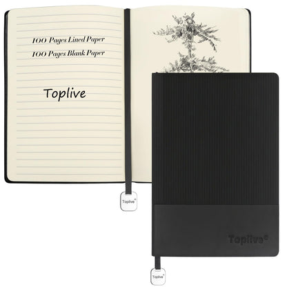 Toplive A5 Journal Notebook Soft Flexible Leather Cover, Premium Thick Lined and Blank Paper Double Layout 8.26" x 5.7" with Metal Bookmark, Black