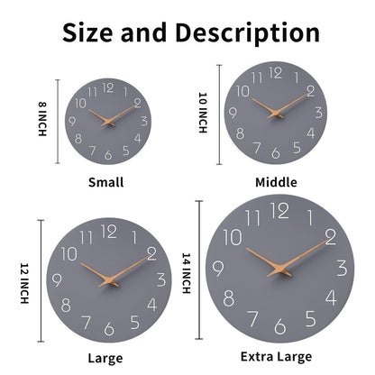Mosewa Wall Clock 14 Inch Gray Battery Operated Silent Non Ticking Simple Modern Wood Clock Decorative for Bedroom Living Room Kitchen Home Office