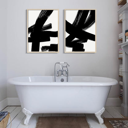 2Pcs Framed Black and White Abstract Thick lines Wall Art Canvas Prints Modern Minimalist Gallery Picture Posters Brush Stroke Wall Decor Living Room Bedroom Office 12x16 Inch Ready to Hang