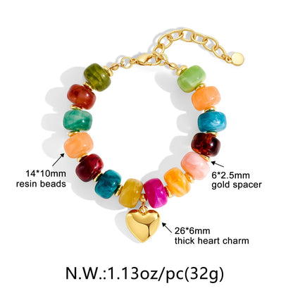 FAUTHENTICUTE Colorful Beaded Bracelets for Women Chunky Rainbow Resin Bead Strand With A Cute Gold Heart Charm Trendy Summer Beach Bracelet Boho Y2k Jewelry Gift