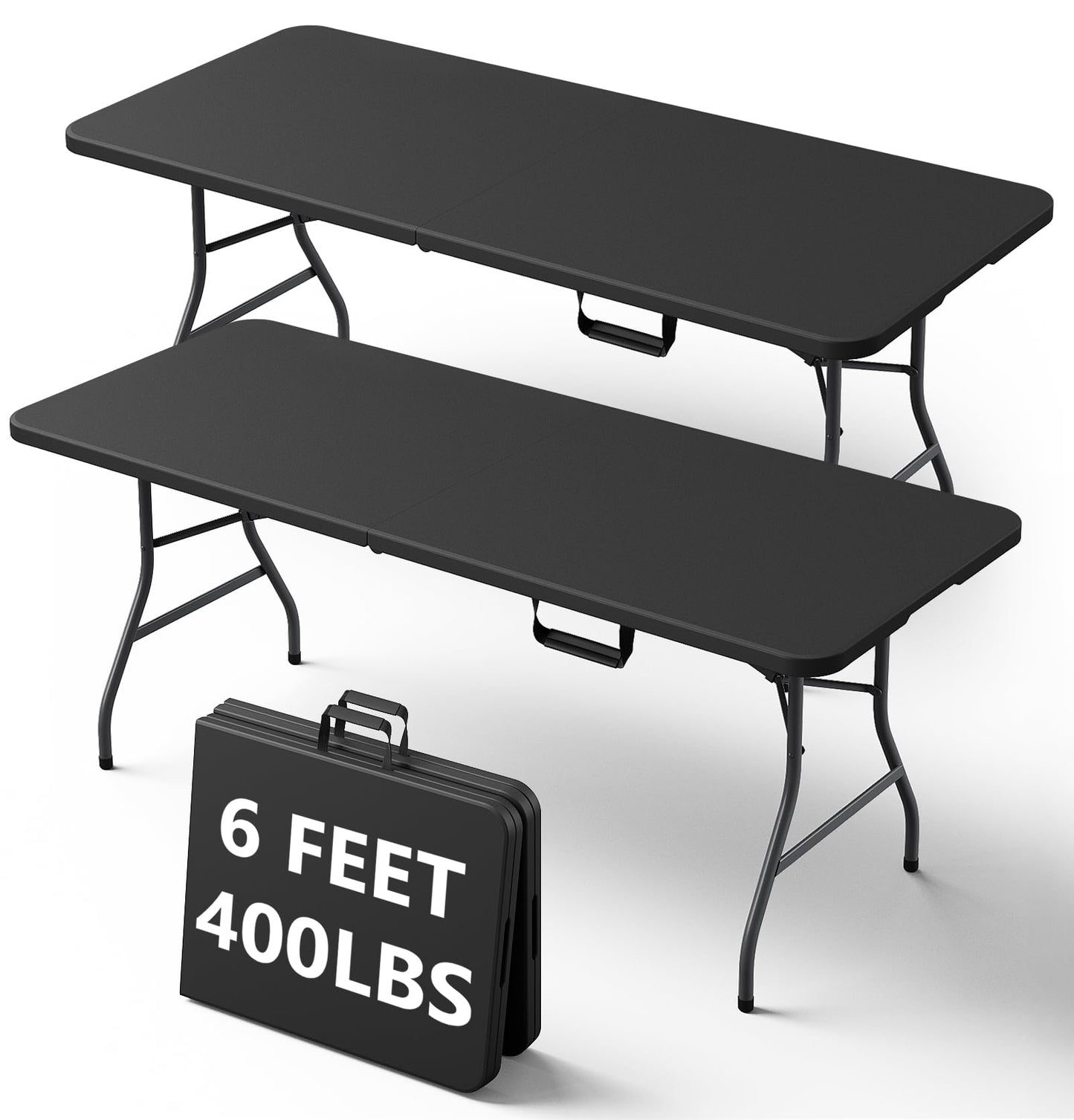 MAKE CHANGES 6FT Folding Table, Heavy Duty Plastic Fold-in-Half Utility Table with Handle, Portable Camping Picnic Table with Steel Legs for Indoor Outdoor Party, Dining, Black,2 Pack