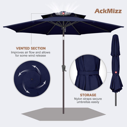 AckMizz 9FT Outdoor Patio Umbrella - 2 Tiers Table Umbrella Waterprool UV Protection, Sombrillas de Patio with Push Button Tilt, Sun Umbrella for Pool, Porch, Garden, Backyard (Navy Blue)
