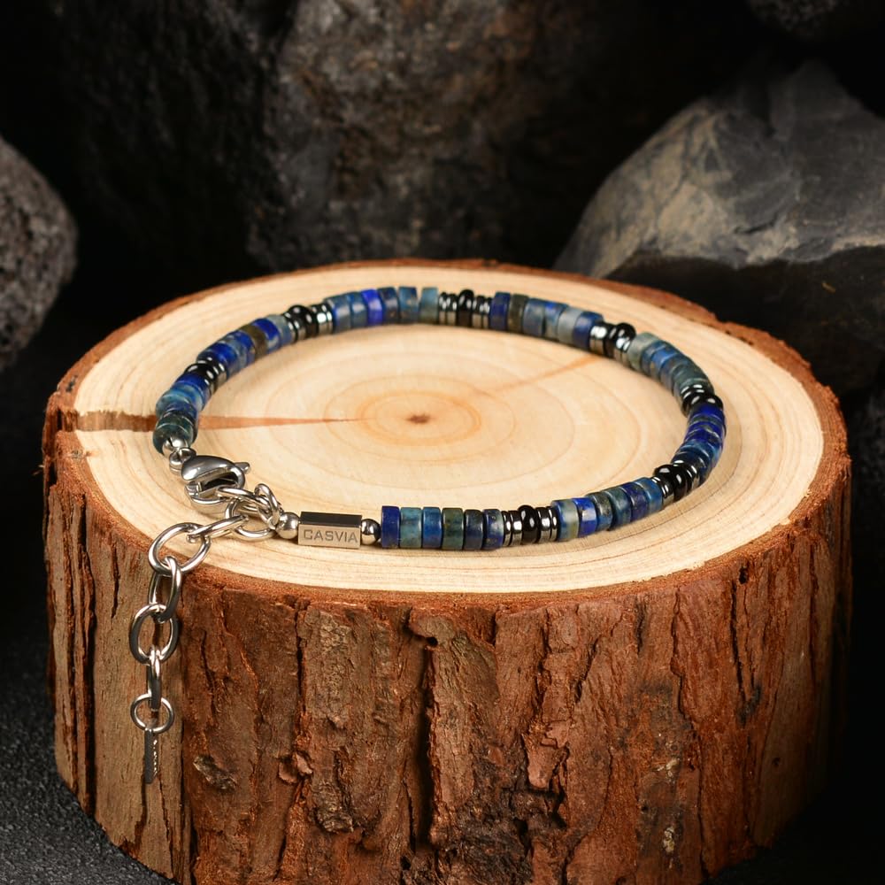 Casvia Men's Lapis Lazuli Hematite & Black Agate Beaded Bracelet, Handmade Adjustable Stainless Steel Chain, Chakra Jewelry Gift for Dad Husband Boyfriend