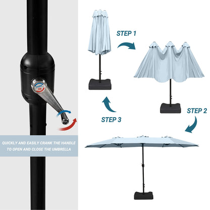 Bigroof 15ft Patio Umbrella with Base, Large Outdoor Double-Sided Market Umbrella with Terylene Polyester Fabric and Crank for Poolside Garden Deck Backyard Beach Pools, Light Blue