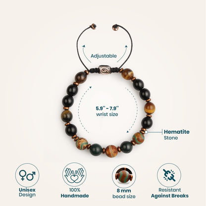 Semita Beaded Crystal Bracelet for Strength with Tigers Eye, Onyx, Bloodstone and Tibetan Agate Beads