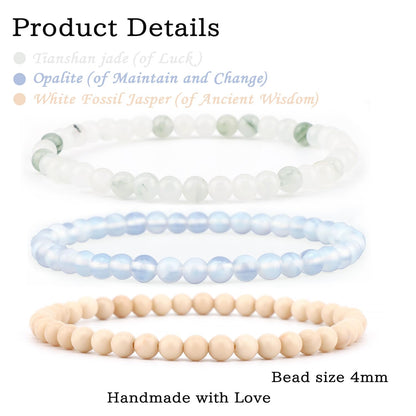 CMBYN 3-Pieces 4mm Natural Crystal Gemstone – ﻿Opalite, Tianshan Jade, White Fossil Jasper Handmade Reiki Energy Healing Stretch Bracelets Jewelry for Yoga, Meditation, Unisex