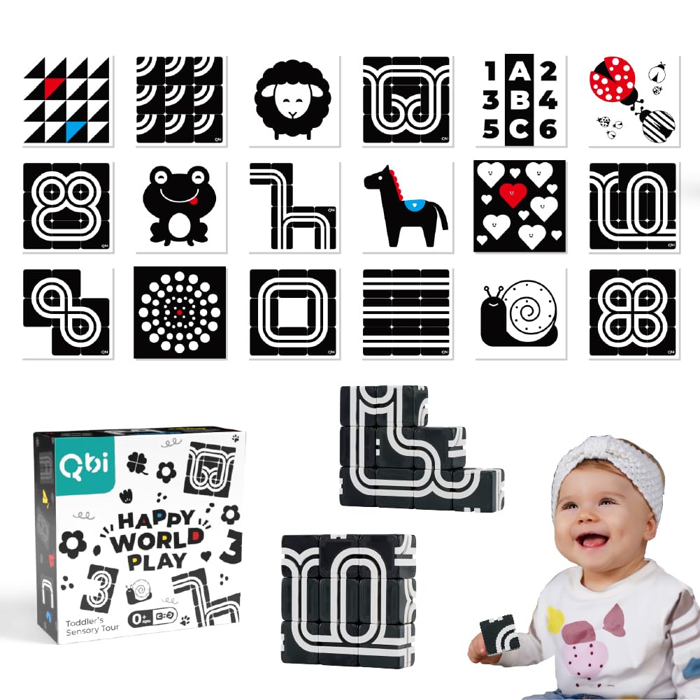 QBI Magnetic Baby Toys 0-6-12 Months | Black and White Baby Cards Newborn Toys High Contrast Flashcards & Magnetic Cubes | Visual Stimulation Montessori | Baby Essentials (9 Pieces)
