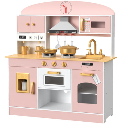 Babytronic Wooden Play Kitchen Set, Pretend Play Kitchen with Lights and Sounds for Kids Ages 3+, Includes Stove, Oven, Microwave, Coffee Maker, and Accessories, Toy Kitchen Set for Toddlers (Pink)