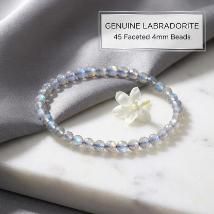 Angelstones Natural Labradorite Gemstone Stretch Bracelet, 4mm Faceted Round Beads, Crystal Healing for Women