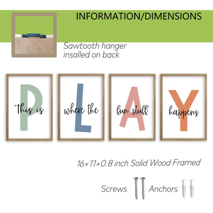 This Is Where The Fun Stuff Happens Kids Playroom Wall Art 11x16 Inch Set Of 4 Rustic Kids Wood Framed Boy Sign Toddler Modren Nursery Interesting Let's Play Prints Wall Hang Decor (Wood)