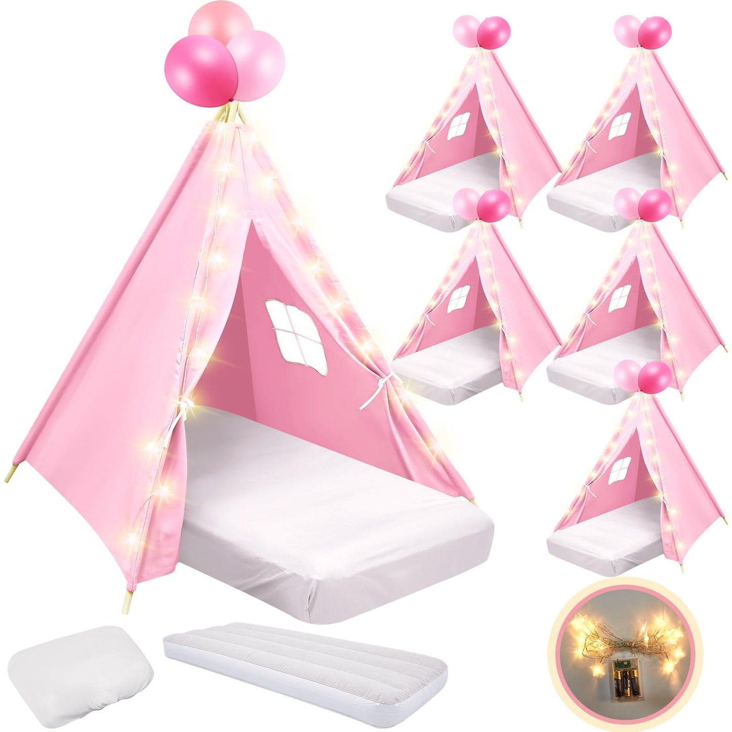 Lemosae 6 Pack Sleepovers Teepee Tent for Kids Bulk with Mattress Sheet Light,Natural Cotton Washable Indoor Play Tent for Birthday Slumber Party Girls Boys Pajama Movie Night Supplies(Light Pink)