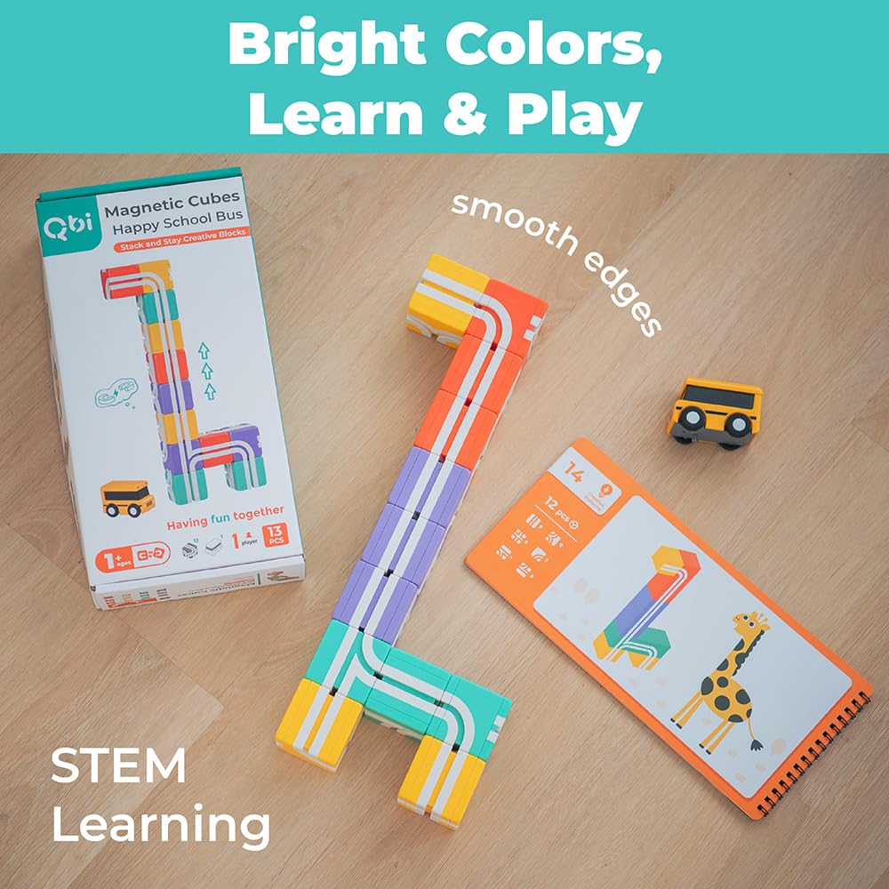 QBI STEM All-in-1 Toy Set with 5 Cars & 3D Tracks | Open Ended Educational Sensory Magnet Cubes | Montessori Toys, Magnetic Building Blocks for Boys & Girls (49 Pieces)