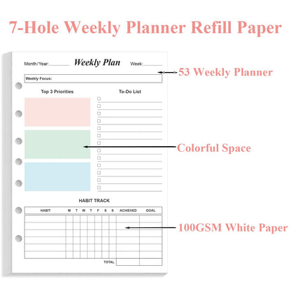 (2-PACK) Weekly Planner Refills for 3 or 7 Ring Mini Binders - 106 Sheets/212 Pages Undated Colorful Weekly Planner, 100 gsm White Paper, Lasts 2 Year, Undated, 5.8" x 8.3"