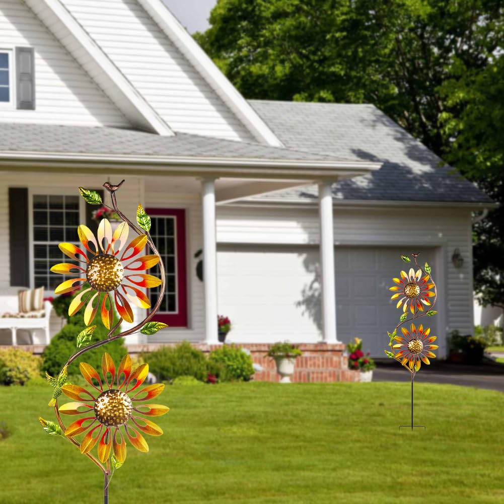 VEWOGARDEN Metal Sunflower Wind Spinners Outdoor Kinetic Wind Spinner with Stakes Yard Art for Garden Lawn Patio Decoration, Yellow