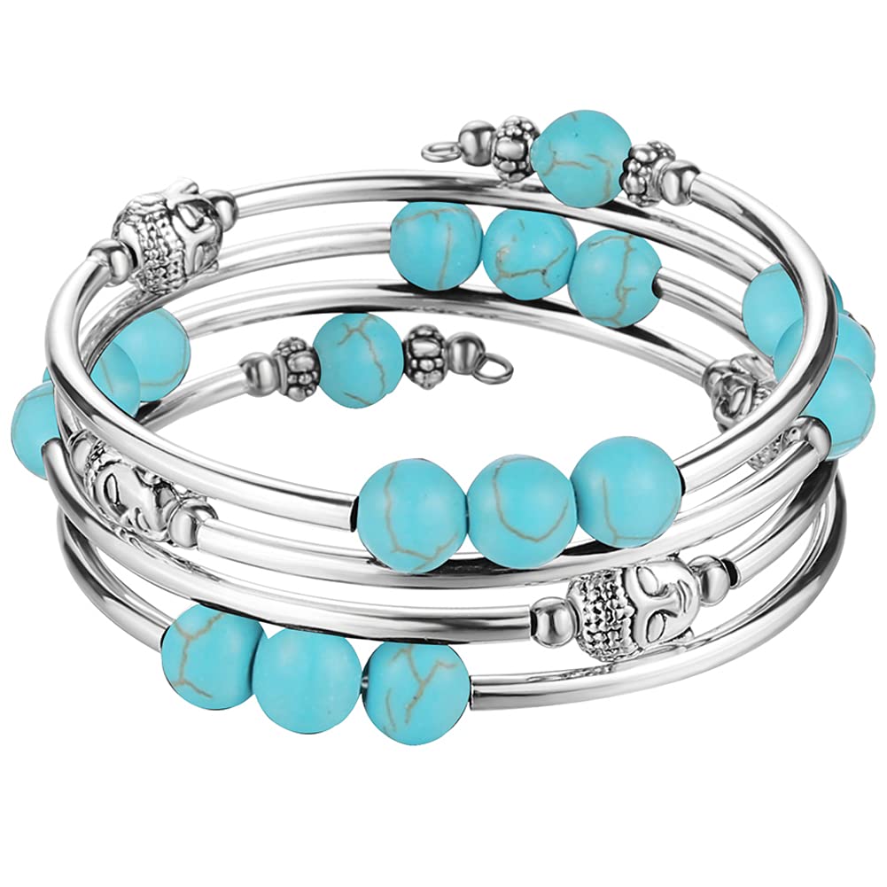 PEARL&CLUB Beaded Chakra Bangle Turquoise Bracelet - Fashion Jewelry Wrap Bracelet with Thick Silver Metal and Mala Beads, Birthday Gifts For Women(58-Turquoise)