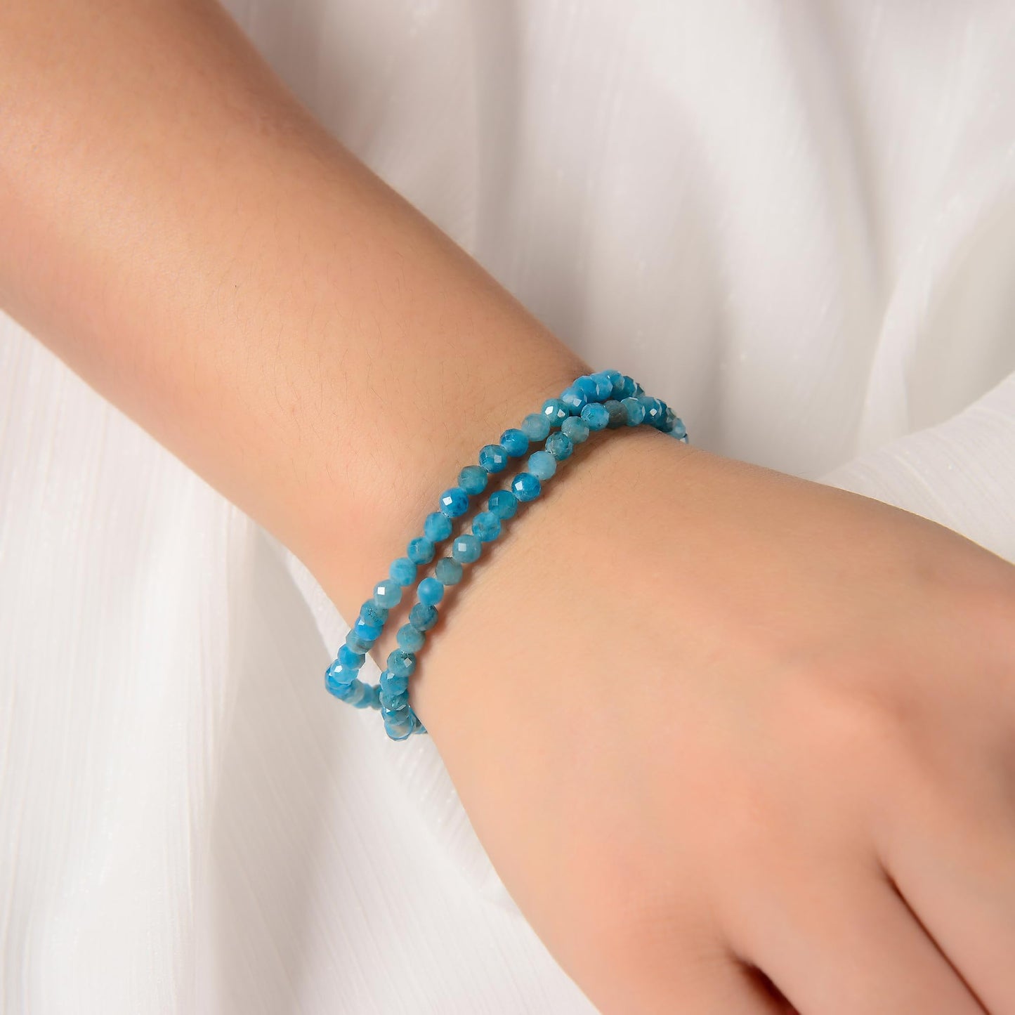 Land Long 2 Pcs/Set 2mm Trendy Natural Blue Apatite Stone Bracelet, Faceted Round Stretch Crystal Beaded Bracelets for Women Men