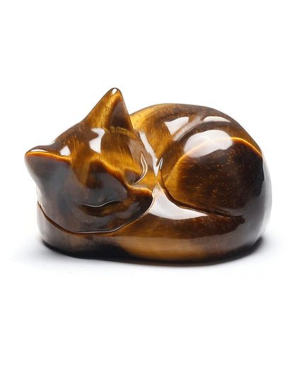 Jovivi Tiger Eye Sleeping Cat Crystal Figurine,1.6" Natural Stone Polished Carved Gemstones Lucky Kitten Statue Sculpture Home Office Desk Decor Cat Gifts for Women Cat Lovers