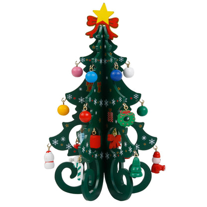 TEBIEKOY DIY Mini Wooden Christmas Tree with Ornaments Set, Cute 7 Inch Small Xmas Tree Kit with 24 Hanging Decorations New Year Parties Supplies, Easy Installing Holiday Craft Gift for Families