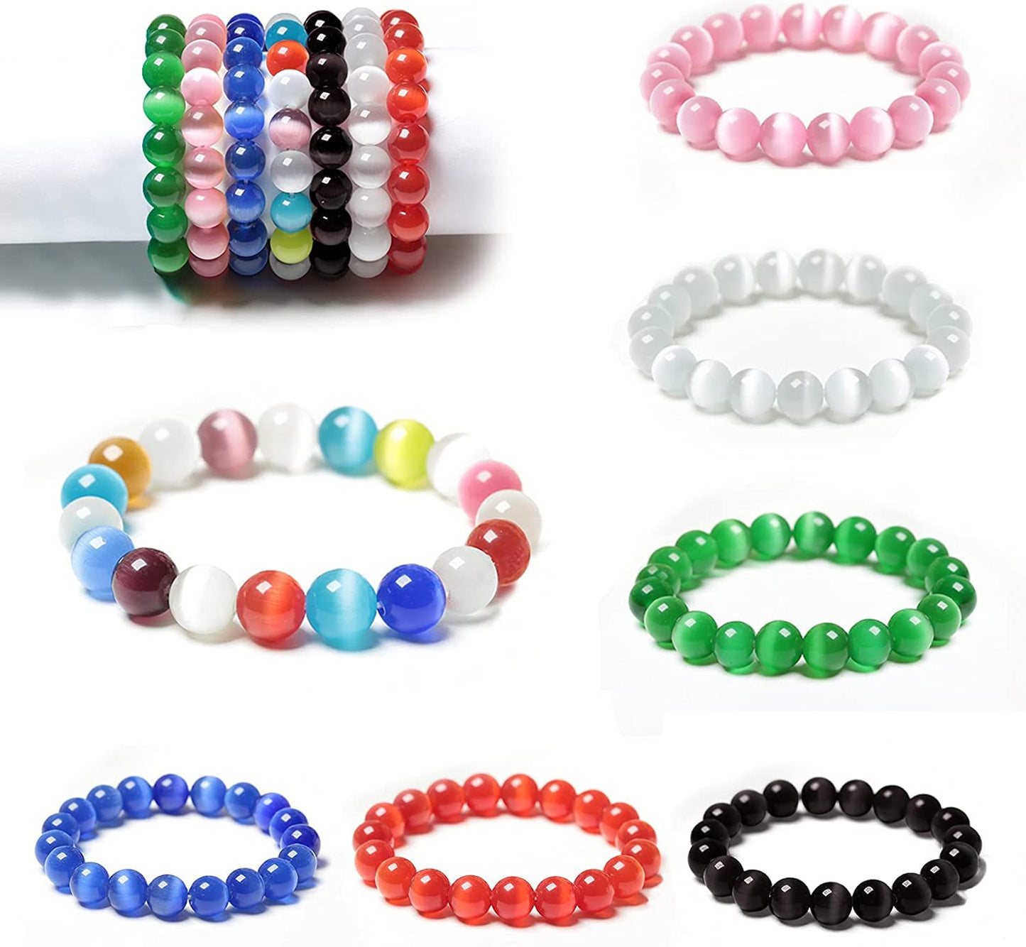 HAAMIIQII 8mm Sapphire Blue Cat Eye Glass Round Crystal Stone Loose Gemstone Beads for Jewelry Making Bracelets Necklaces Earrings Crafts (45-50pcs)