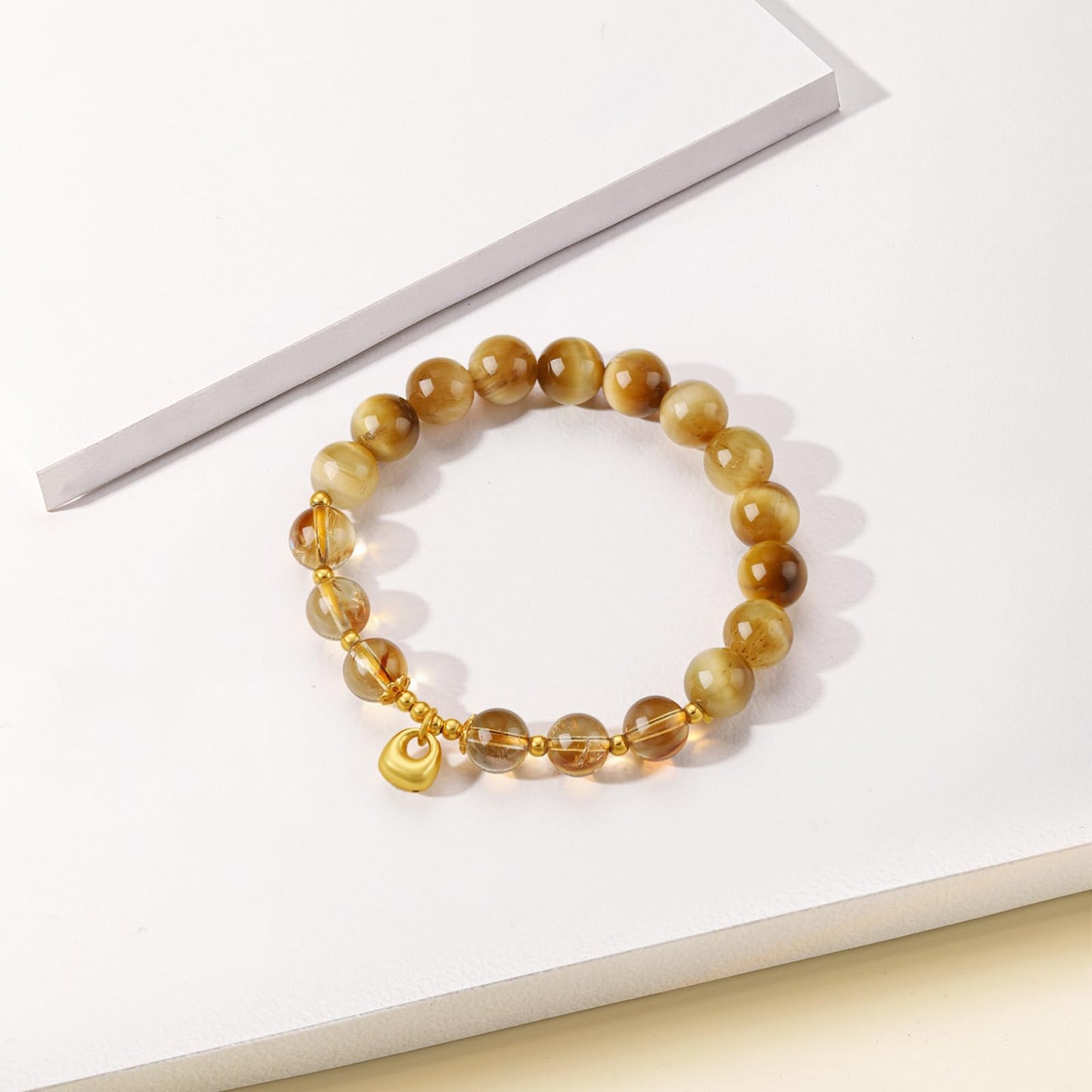 ZHOU LIU FU Sterling Silver Bracelets Silver Natural Healing Yellow Stones Bracelet Lock Pendant Charm Beads Stretch Bracelet for Women Mom Her Anniversary Birthday 6.7"/17CM J1915868