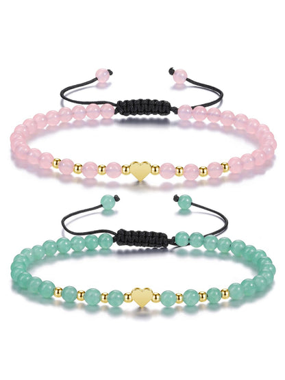 Top Plaza 2Pcs Natural Rose Quartz Green Aventurine Crystal Bracelets for Women 4mm Handmade Gemstone Beaded Bracelet Healing Crystal Yoga Meditation Gold Heart Charm Bracelet Jewelry Christmas Gifts