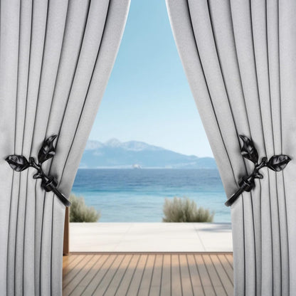 SUQ I OME 1 Pair of Leaf Shaped Curtain Holdbacks Metal Curtain Side Holders for Wall, Antique Brass Curtain Tieback Hook Pull Backs for Drapes Window Home Decoration,Black