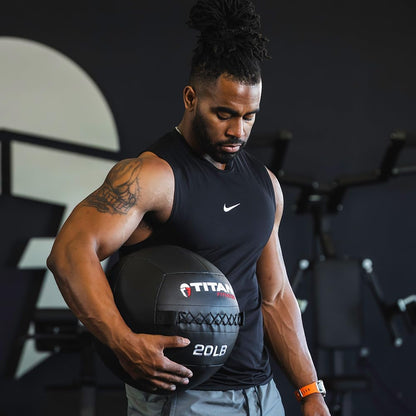 Titan Fitness 18 LB - 30 LB Soft Shell Medicine Wall Ball with Poly-Composite Laminate Cross Texture Non-Slip Grip for Throwing, Core Strength, Floor Exercises, Stretching