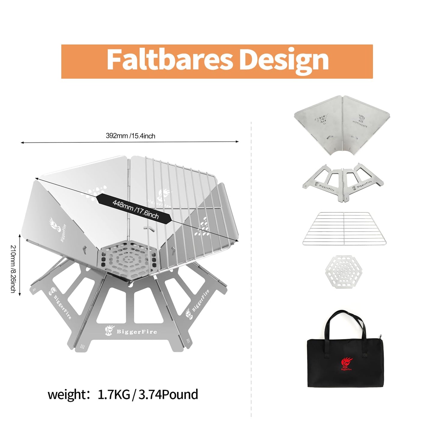 Foldable Portable Fire Pit,Stainless Steel Fire Pits with Charcoal Grill Net and Storage Bag,Camping Fire Pit Grill for Patio Outdoor Barbecue Campfire Bonfire (Medium)
