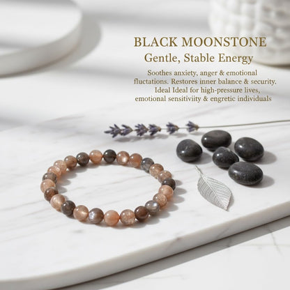 The Vida Handmade AAA+ Quality Crystal Stretch Elastic Bracelet - Nature Gemstone - Jewelry Gift - Holiday Gift - For Women & Men (Black Moonstone)